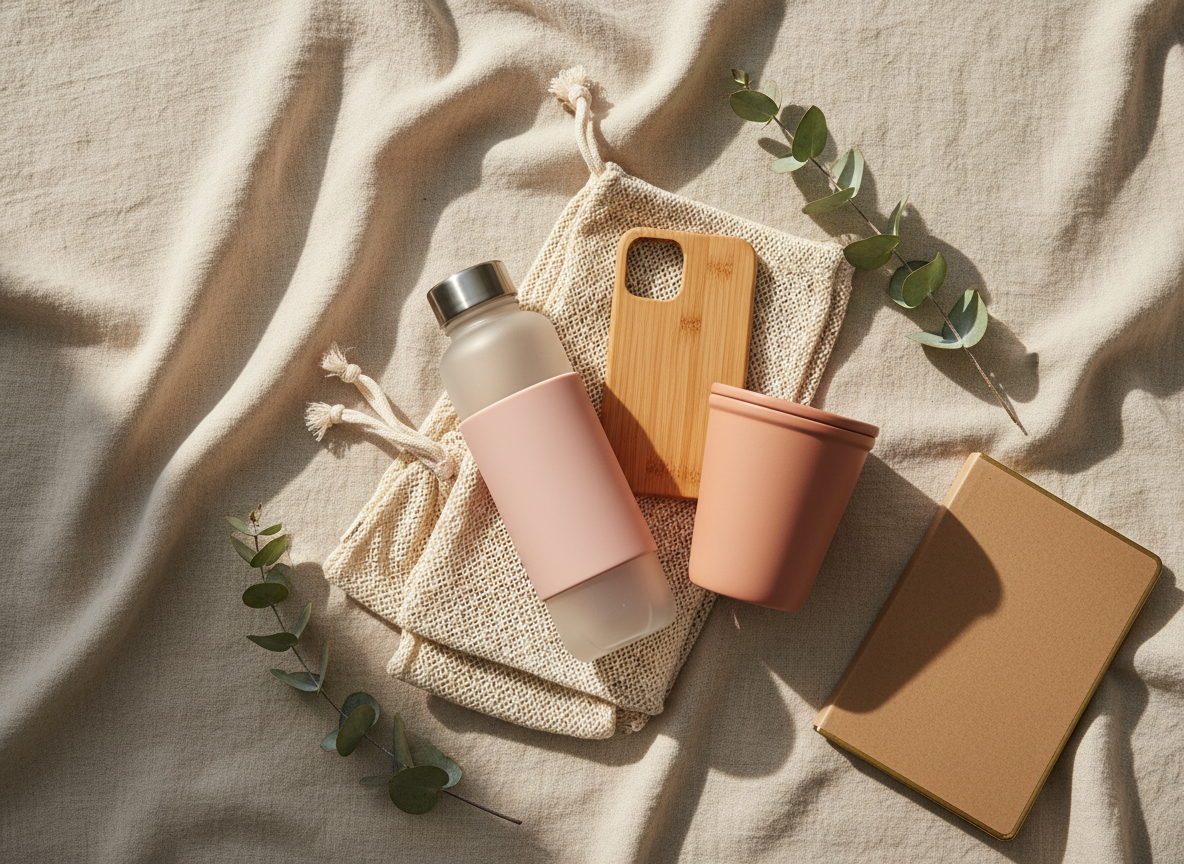 A carefully arranged flatlay of sustainable everyday essentials on a soft, sand-colored linen cloth. A matte glass refillable water bottle with a blush silicone sleeve, a pale terracotta ceramic travel mug, a bamboo phone case, and a set of cream-colored organic cotton produce bags with subtle woven texture form the central cluster. Eucalyptus sprigs and a closed kraft-paper notebook with gold-foiled edges frame the scene. Soft, diffused morning light from the left creates gentle highlights and velvety shadows, lending an elegant, calm atmosphere. Shot from a bird’s-eye view with shallow depth of field that keeps the central items crisp while the linen folds blur slightly. Photographic realism with a sophisticated, feminine, minimalist aesthetic in muted earthy tones.