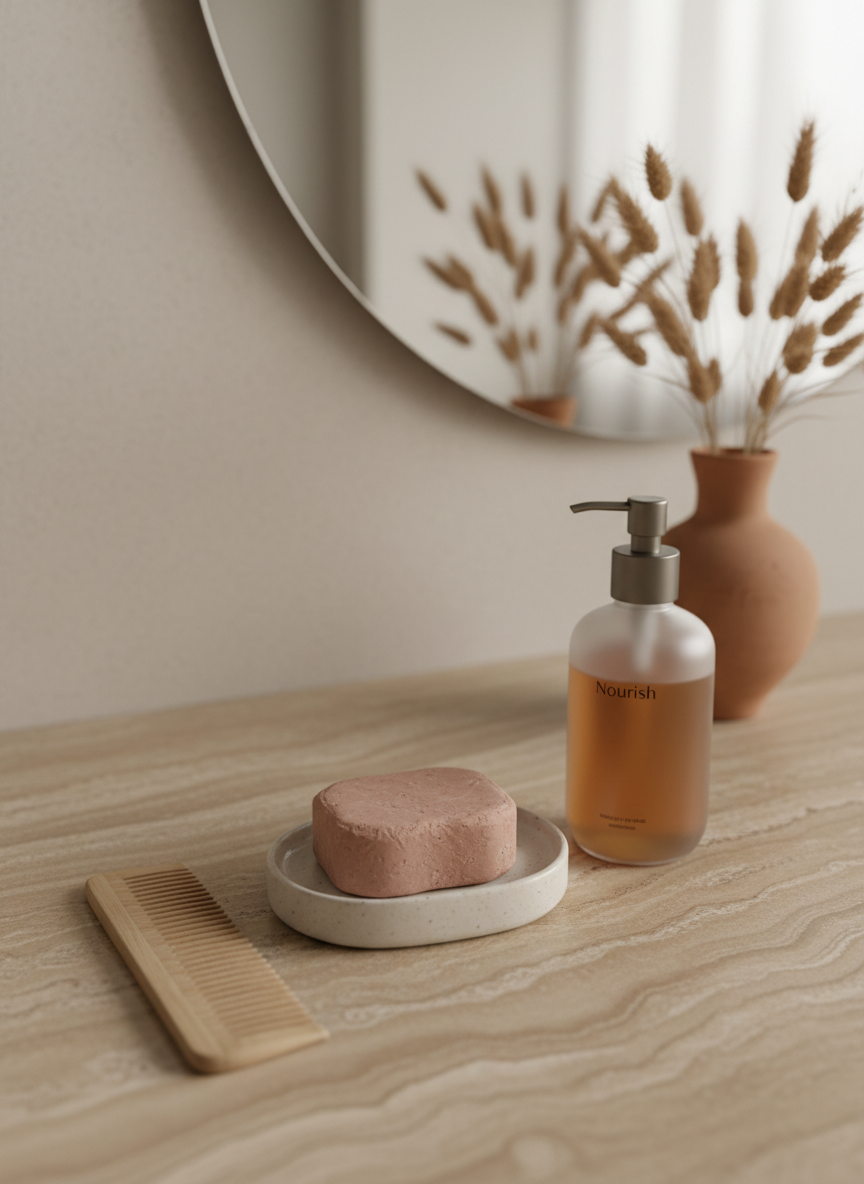 A minimalist bathroom vignette showing a solid shampoo bar in muted rose clay color resting on a small ridged ceramic soap dish, beside a pale bamboo comb and a frosted glass pump bottle filled with amber liquid. All sit atop a warm beige stone countertop with visible natural grain. Behind them, a simple round frameless mirror reflects a hint of dried grasses in a clay vase, softly out of focus. Gentle overcast daylight filters in from the right, producing a clean, diffused light with almost no harsh shadows. Shot from a slightly elevated angle with shallow depth of field, centering the shampoo bar as the hero. The photographic style is clean and modern yet earthy, conveying a calm, spa-like, eco-conscious atmosphere.