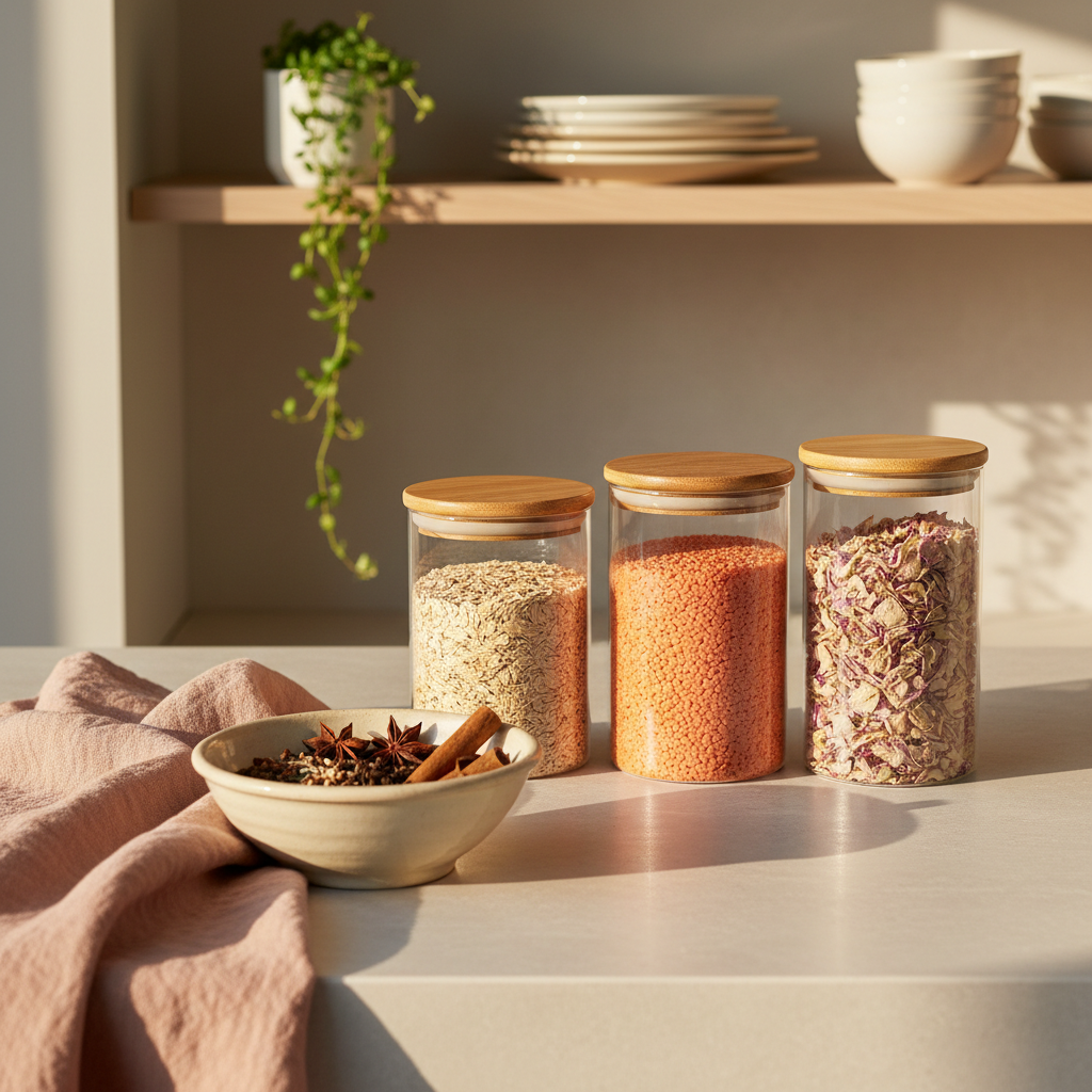 An airy kitchen countertop scene featuring a set of glass storage jars with bamboo lids, filled with oats, lentils, and dried rose petals, arranged on a pale stone surface. A blush-toned linen tea towel drapes gracefully beside a vintage-inspired cream ceramic bowl holding loose bulk spices. In the background, a blurred view of open wood shelving displays neatly stacked neutral-toned ceramics and a single trailing plant. Warm late-afternoon natural light streams through an unseen window, casting soft, elongated shadows and a golden glow. Captured at an eye-level angle with a subtle rule-of-thirds composition, the mood is serene, organized, and aspirational. Photographic realism emphasizes textures of glass, wood, and linen, creating a sophisticated, sustainable kitchen atmosphere.