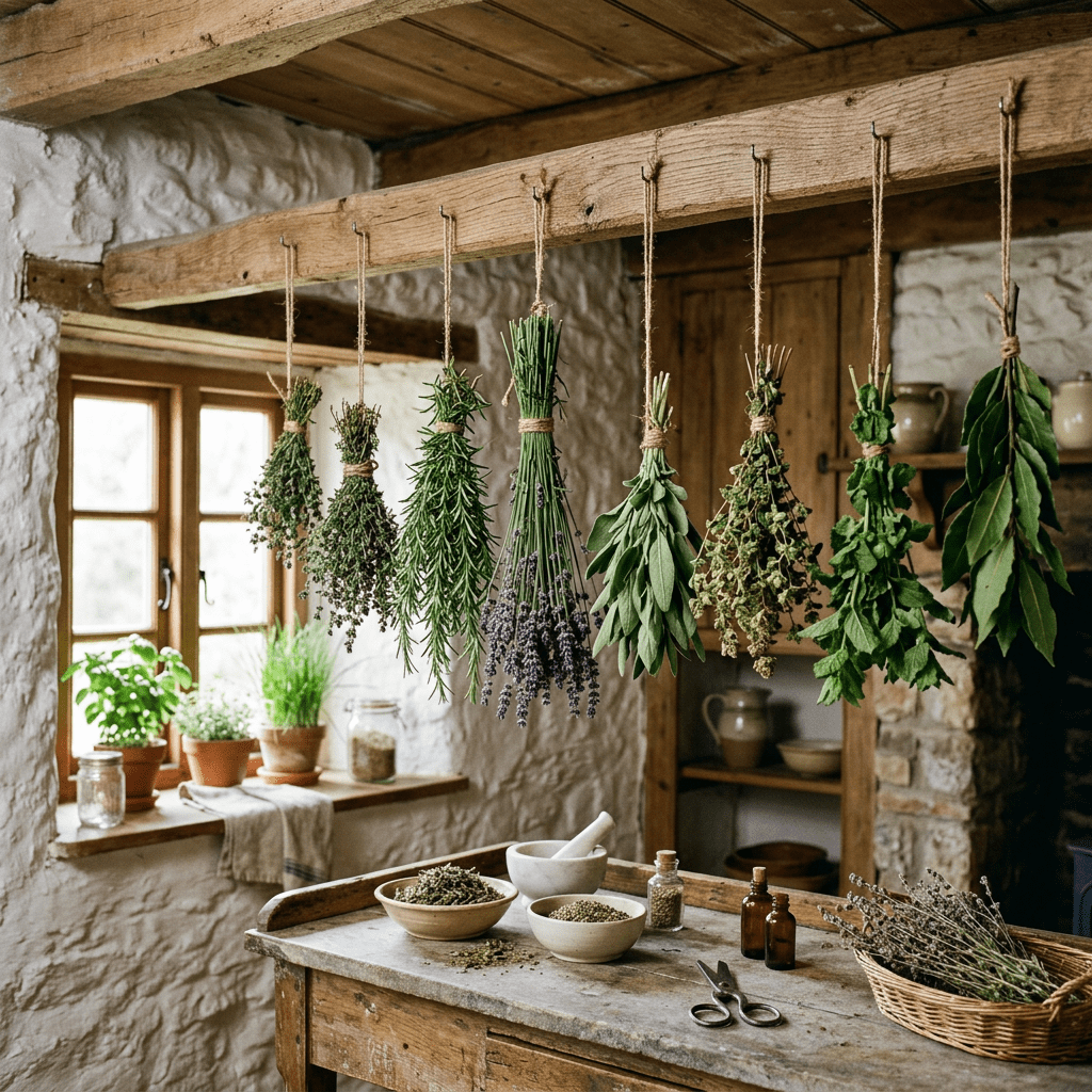 Bundles of herbs hanging from wooden beam in rustic kitchen