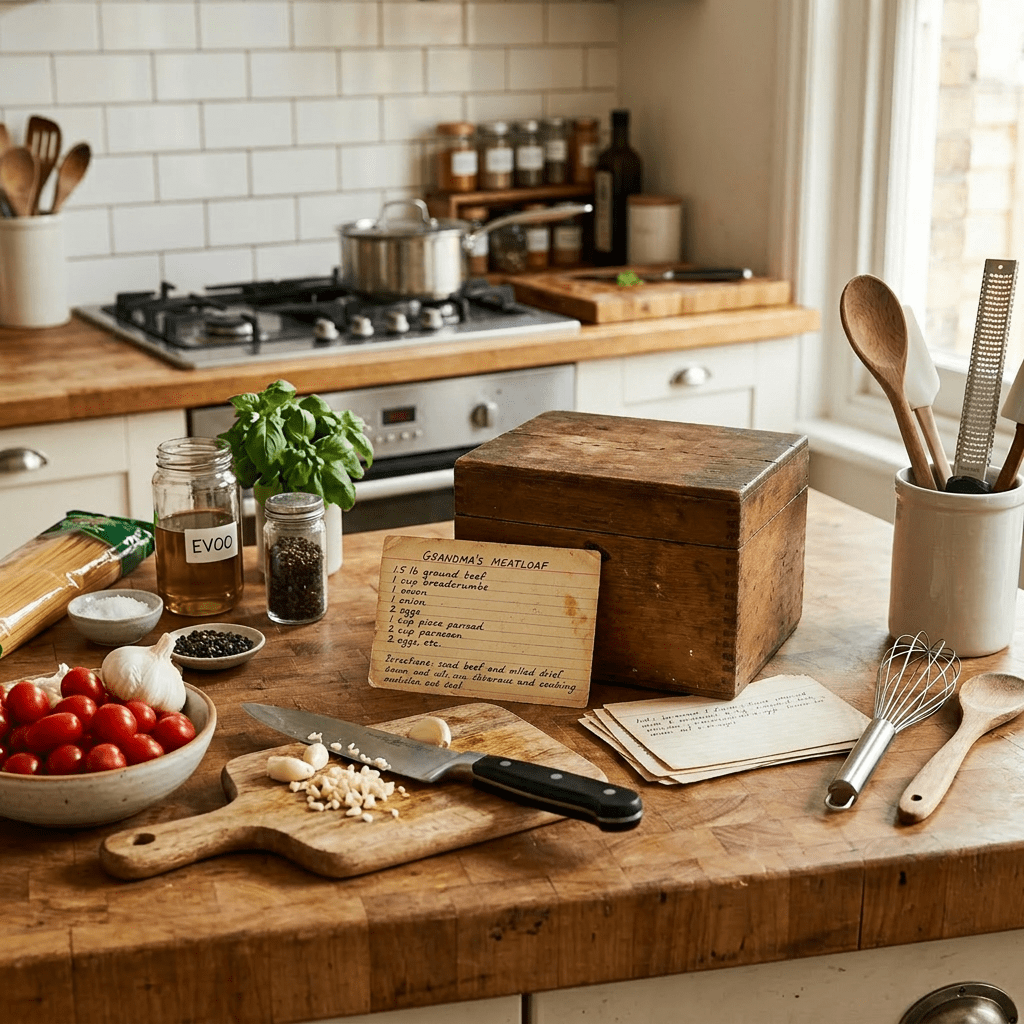 Kitchen counter with chopping board, garlic, cherry tomatoes, olive oil, pepper, herbs, cooking utensils, and handwritten recipe cards.