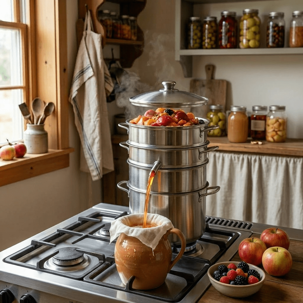 Hands operating a wooden fruit press extracting juice into a ceramic jug