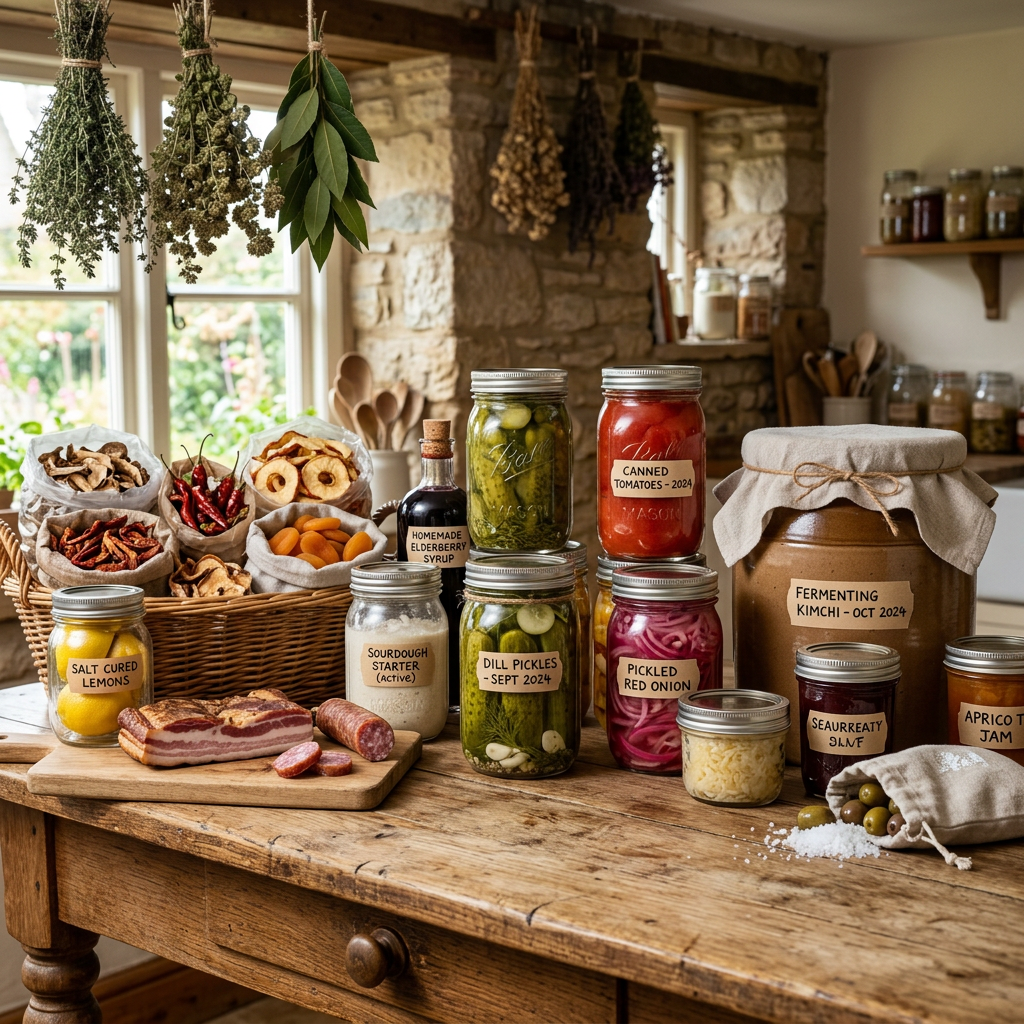 Jars of pickles, canned tomatoes, fermented kimchi, dried fruits, salt cured lemons, elderberry syrup, sourdough starter, and assorted spices on a wooden table