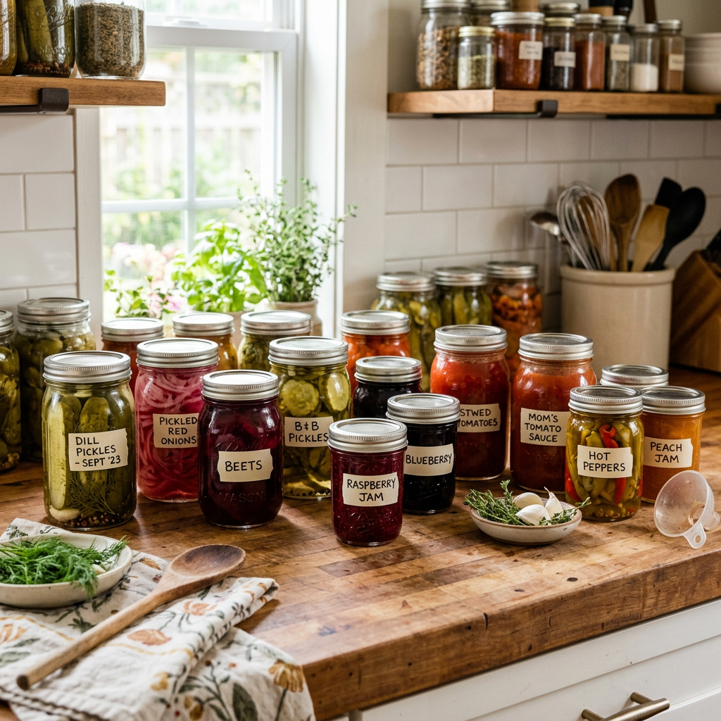 Jars of homemade pickles, jams, and sauces labeled and placed on a kitchen counter.