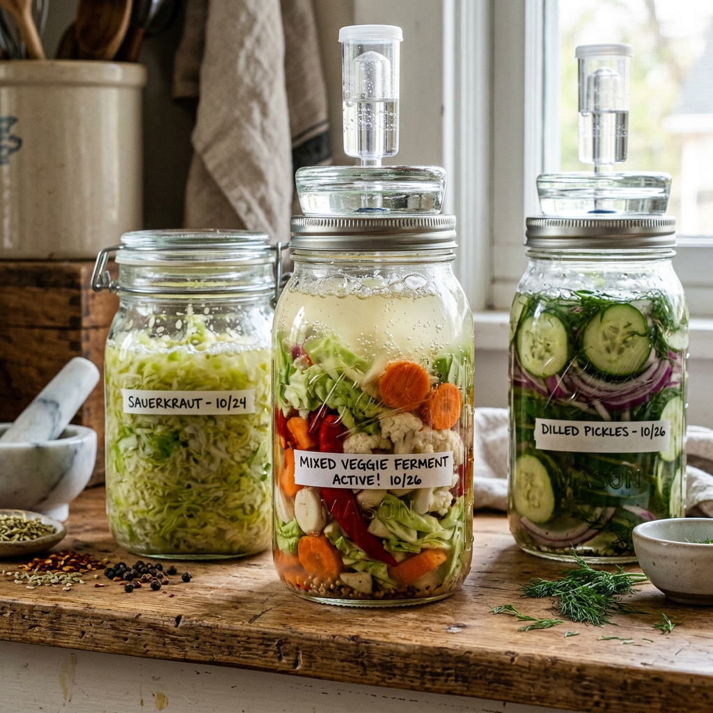 Three glass jars labeled sauerkraut, mixed veggie ferment, and dilled pickles with airlock lids on wooden surface