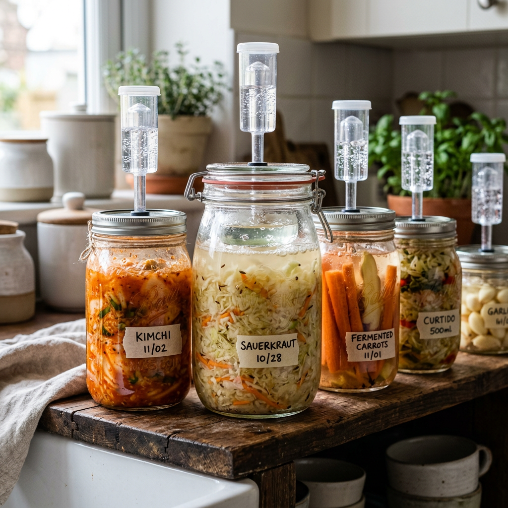 Jars of kimchi, sauerkraut, fermented carrots, curtido, and garlic with airlocks on a kitchen counter