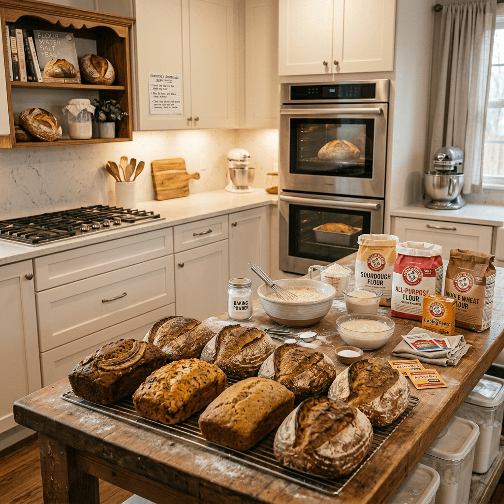 Baker placing freshly baked sourdough bread loaves on cooling racks