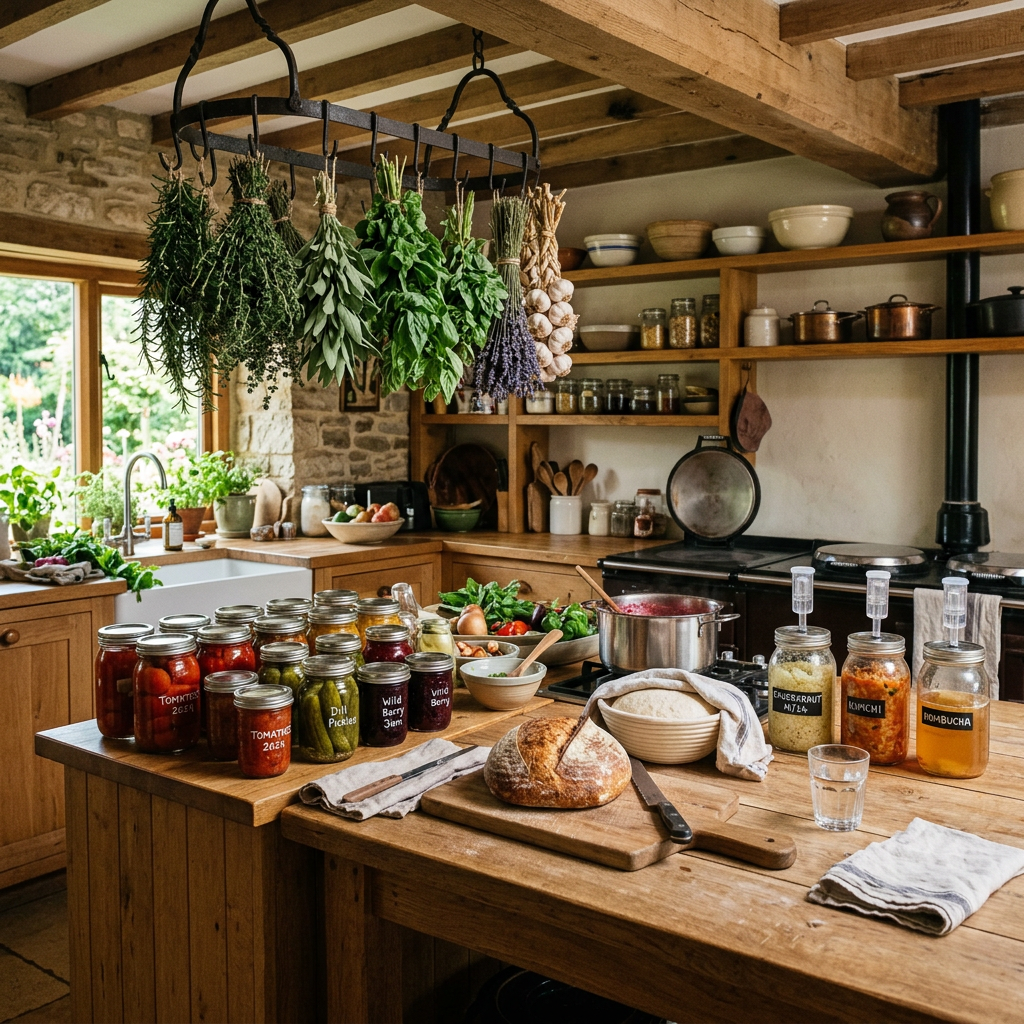 Natural kitchen with canning, herbs, bread, fermentation