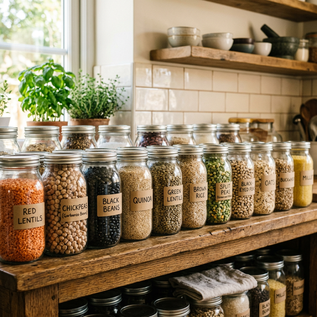 Jars labeled red lentils, chickpeas, black beans, quinoa, green lentils, brown rice, split peas, black-eyed peas, oats, buckwheat, millet, filled with different legumes and grains