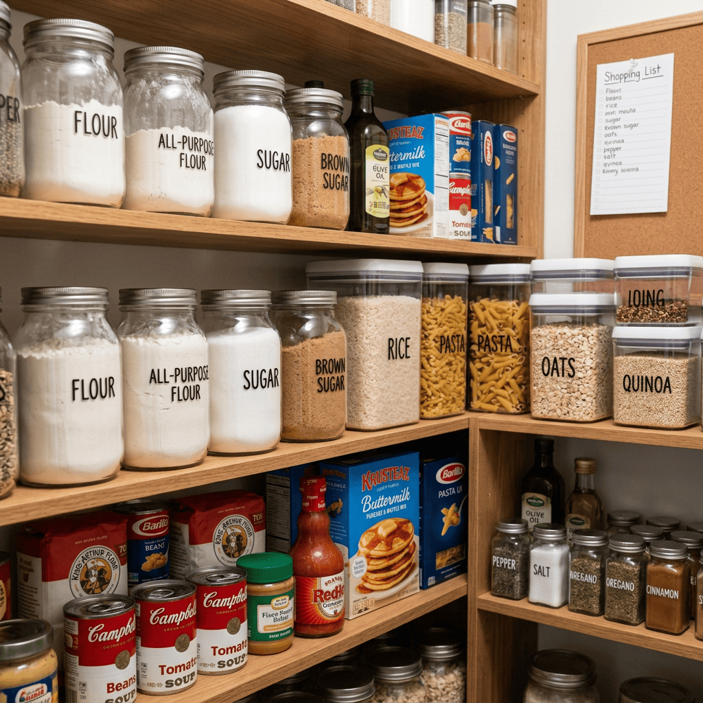 Labeled glass and plastic containers holding flour, sugar, rice, pasta, oats, quinoa, and spices on wooden shelves